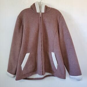 Denim & Co Womens XL Zip Jacket Fleece Sherpa Lined Hooded Brown Car Coat